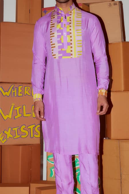 Nirmooha_Purple Muslin Geometric Printed Yoke Kurta And Joggers Set _Online_at_Aza_Fashions