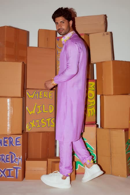 Buy_Nirmooha_Purple Muslin Geometric Printed Yoke Kurta And Joggers Set _Online_at_Aza_Fashions