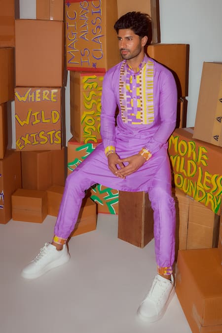 Nirmooha_Purple Muslin Geometric Printed Yoke Kurta And Joggers Set _at_Aza_Fashions