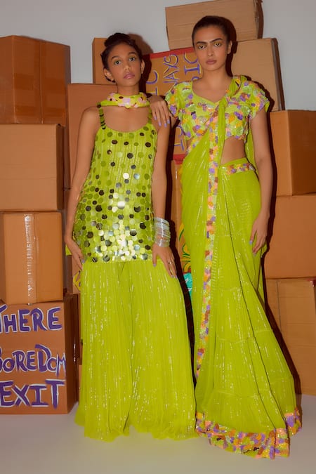 Nirmooha_Green Lurex Sequins Scoop Neck Embroidered Kurta Sharara Set _Online_at_Aza_Fashions
