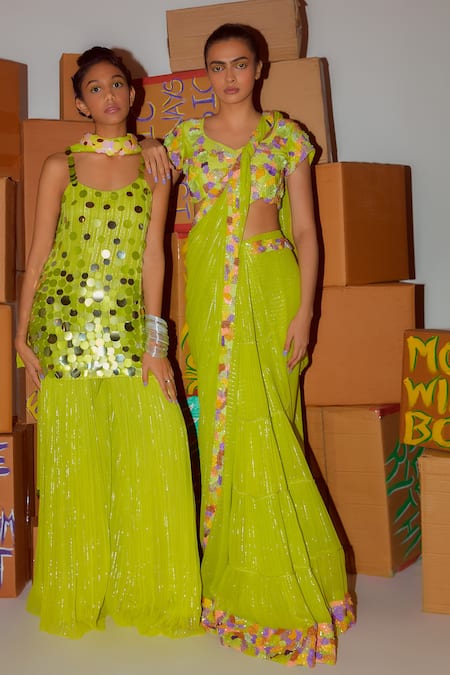 Shop Nirmooha Green Lurex, Silk, Nylon Embroidery Floral Border Pre-draped Saree With Blouse Online at Aza Fashions Shop_Nirmooha_Green Lurex, Silk, Nylon Embroidery Floral Border Pre-draped Saree With Blouse _Online_at_Aza_Fashions
