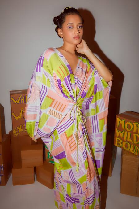 Nirmooha_Multi Color Muslin Plunge Neck Geometric Print Kaftan _Online_at_Aza_Fashions