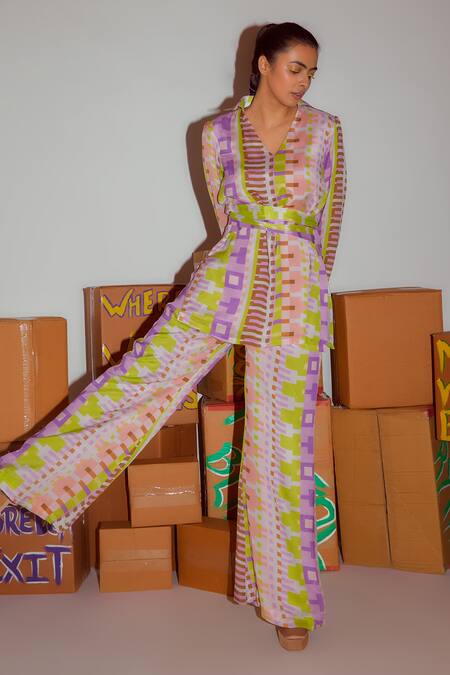 Nirmooha_Multi Color Chiffon Printed Geometric V Neck Top And Pant Set _Online_at_Aza_Fashions