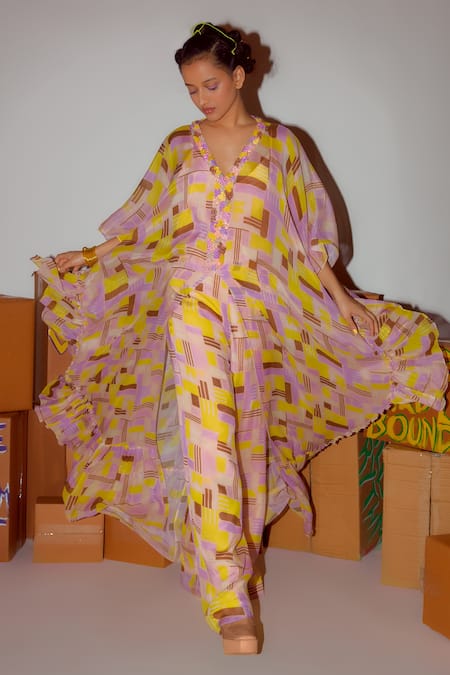 Nirmooha_Multi Color Chiffon Beads V-neck Geometric Print Kaftan Set _Online_at_Aza_Fashions
