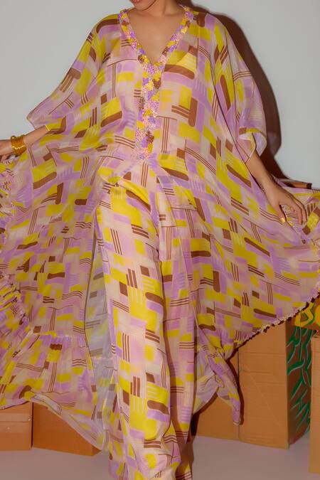 Shop_Nirmooha_Multi Color Chiffon Beads V-neck Geometric Print Kaftan Set _Online_at_Aza_Fashions