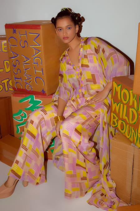 Buy_Nirmooha_Multi Color Chiffon Beads V-neck Geometric Print Kaftan Set _Online_at_Aza_Fashions