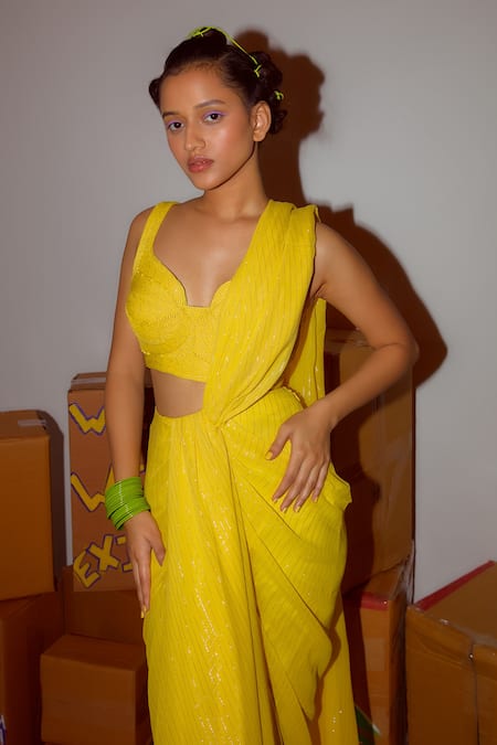 Buy_Nirmooha_Yellow Lurex Embroidery Sweetheart Neck Pre-draped Saree With Cord Blouse _Online_at_Aza_Fashions