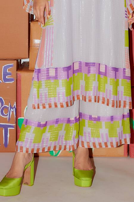 Shop_Nirmooha_Multi Color Lurex Bandeau Neck Geometric Print Kurta And Palazzo Set _Online_at_Aza_Fashions