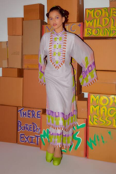 Nirmooha_Multi Color Lurex Bandeau Neck Geometric Print Kurta And Palazzo Set _Online_at_Aza_Fashions