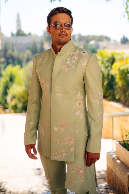 Sahil Kochhar_Green Silk Embroidery Nishkarsh Flower And Crystal Bandhgala Jacket _Online_at_Aza_Fashions