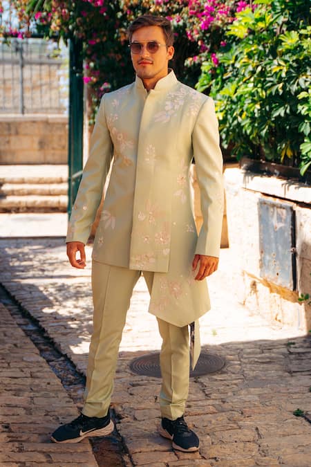 Buy Sahil Kochhar Green Cotton Satin Nishkarsh Trouser Online at Aza Fashions Buy_Sahil Kochhar_Green Cotton Satin Nishkarsh Trouser _Online_at_Aza_Fashions