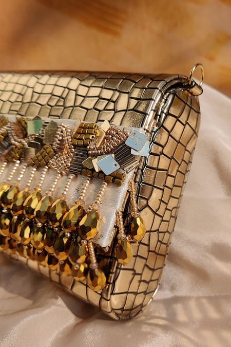 House Of Vian_Gold Beads, Pearls, Tassels Noorie Faux Croco Leather Embellished Clutch _Online_at_Aza_Fashions