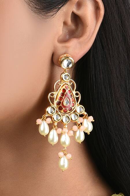Ahaanya Multi Color Kundan Polki Pearl Embellished Earrings Online at Aza Fashions Ahaanya_Multi Color Kundan Polki Pearl Embellished Earrings_Online_at_Aza_Fashions