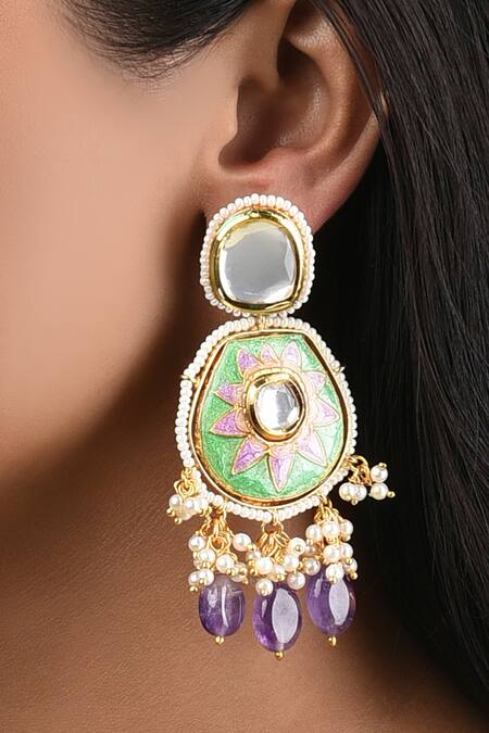 Ahaanya_Multi Color Kundan Polki Floral Embellished Earrings_Online_at_Aza_Fashions