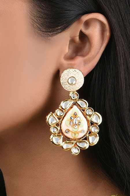 Ahaanya_Gold Plated Kundan Polki Floral Embellished Danglers_Online_at_Aza_Fashions