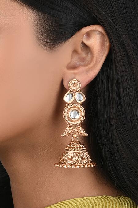 Ahaanya_Gold Plated Kundan Polki Embellished Jhumkas_Online_at_Aza_Fashions