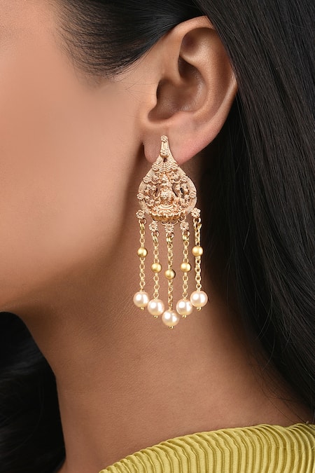 Ahaanya_Gold Plated Kundan Polki Carved Temple Chandeliers_Online_at_Aza_Fashions