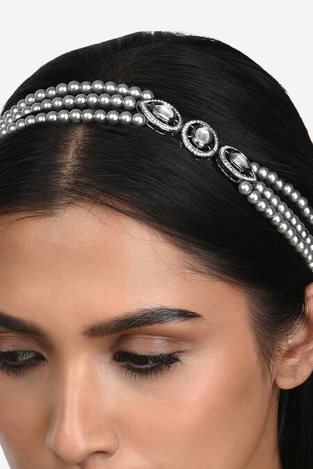 Ahaanya Grey Pearl Embellished Mathapatti Online at Aza Fashions Ahaanya_Grey Pearl Embellished Mathapatti_Online_at_Aza_Fashions