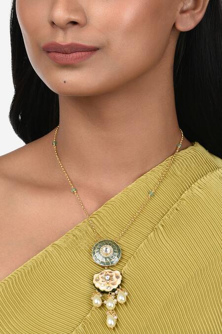 Ahaanya_Gold Plated Kundan Polkis Enamelled Pendant Necklace_Online_at_Aza_Fashions