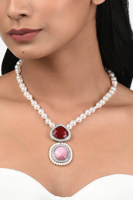 Ahaanya_Red Agate Pearl String Pendant Necklace_Online_at_Aza_Fashions