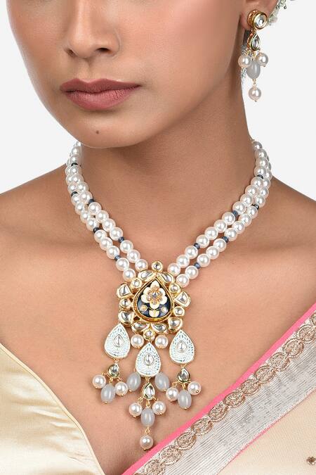 Ahaanya_White Kundan Polki Pendant Drop Necklace Set_Online_at_Aza_Fashions