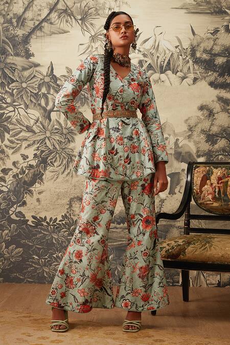 Kalista Blue Viscose, Silk Embroidery V-neck Cynthia Chintz Print Top And Pant Set Online at Aza Fashions Kalista_Blue Viscose, Silk Embroidery V-neck Cynthia Chintz Print Top And Pant Set _Online_at_Aza_Fashions