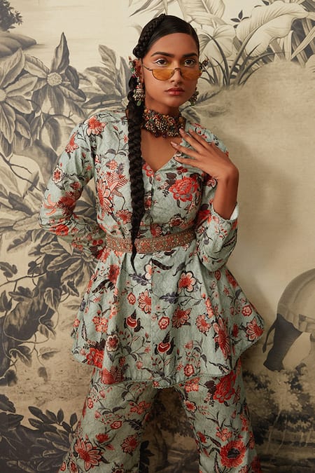 Buy Kalista Blue Viscose, Silk Embroidery V-neck Cynthia Chintz Print Top And Pant Set Online at Aza Fashions Buy_Kalista_Blue Viscose, Silk Embroidery V-neck Cynthia Chintz Print Top And Pant Set _Online_at_Aza_Fashions