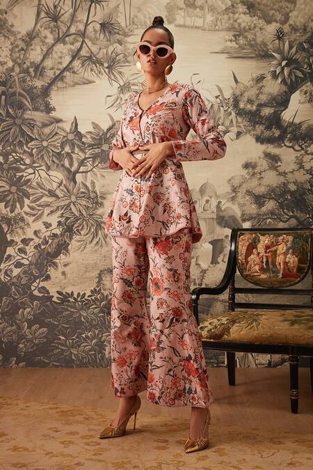 Kalista_Pink Viscose, Silk Embroidery V-neck Cynthia Chintz Pattern Top And Pant Set _Online_at_Aza_Fashions
