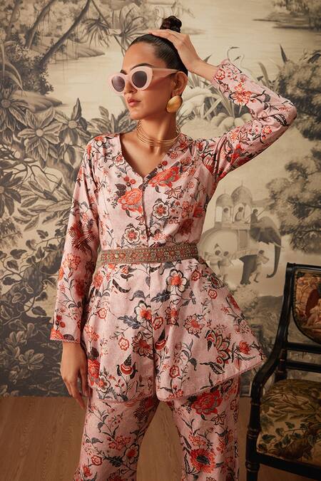 Buy_Kalista_Pink Viscose, Silk Embroidery V-neck Cynthia Chintz Pattern Top And Pant Set _Online_at_Aza_Fashions