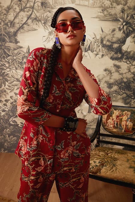 Kalista Maroon Viscose Embroidery Split V-neck Azalea Chintz Pattern Shirt And Pant Set Online at Aza Fashions Kalista_Maroon Viscose Embroidery Split V-neck Azalea Chintz Pattern Shirt And Pant Set _Online_at_Aza_Fashions