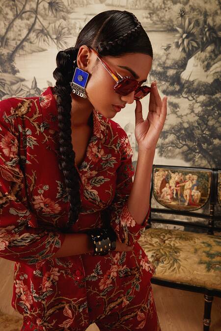 Buy Kalista Maroon Viscose Embroidery Split V-neck Azalea Chintz Pattern Shirt And Pant Set Online at Aza Fashions Buy_Kalista_Maroon Viscose Embroidery Split V-neck Azalea Chintz Pattern Shirt And Pant Set _Online_at_Aza_Fashions