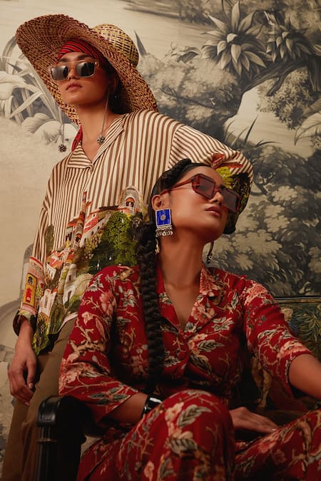 Shop Kalista Maroon Viscose Embroidery Split V-neck Azalea Chintz Pattern Shirt And Pant Set Online at Aza Fashions Shop_Kalista_Maroon Viscose Embroidery Split V-neck Azalea Chintz Pattern Shirt And Pant Set _Online_at_Aza_Fashions