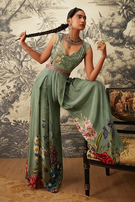 Kalista_Green Crepe Embroidery V-neck Freya Printed Jumpsuit _Online_at_Aza_Fashions