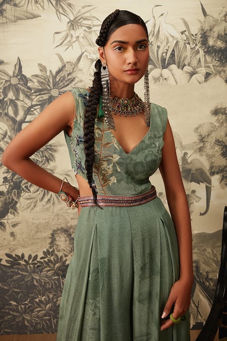 Buy_Kalista_Green Crepe Embroidery V-neck Freya Printed Jumpsuit _Online_at_Aza_Fashions