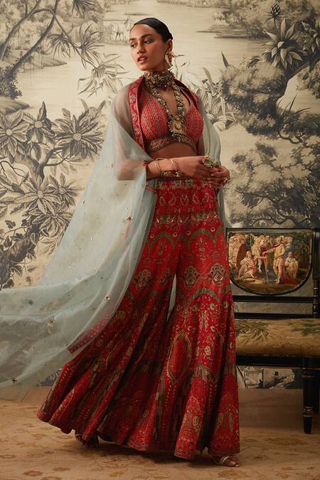 Buy Kalista Blue Viscose, Silk Embroidery Open Neck Arohi Sheer Cape And Sharara Set Online at Aza Fashions Buy_Kalista_Blue Viscose, Silk Embroidery Open Neck Arohi Sheer Cape And Sharara Set _Online_at_Aza_Fashions