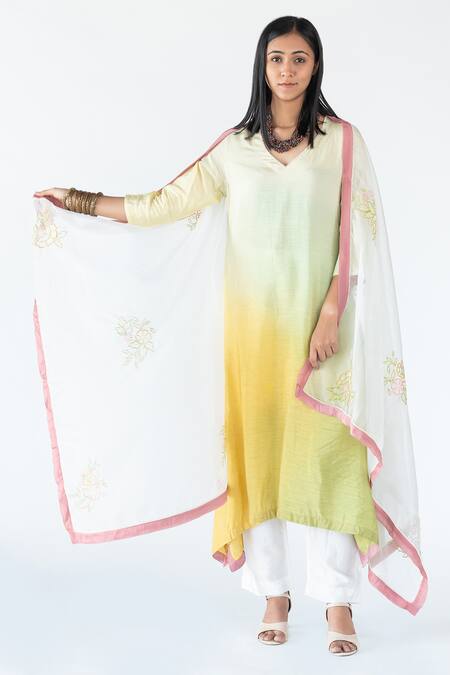 Shop_Nikita Vishakha_Green Dupatta Organza, Kurta Silk, Pant Ombre Effect Asymmetric Set_Online_at_Aza_Fashions