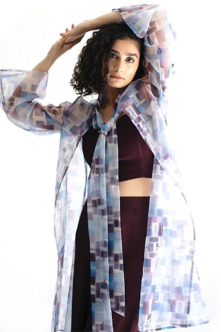 Shop_Kritika Madan Label_Maroon Organza, Crepe Turtle , Open Jacket And Pant Set_Online_at_Aza_Fashions