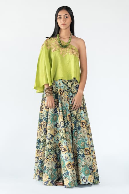 Nikita Vishakha_Green Printed And Raw Floral, Persian One Shoulder Top And Skirt Set_Online_at_Aza_Fashions