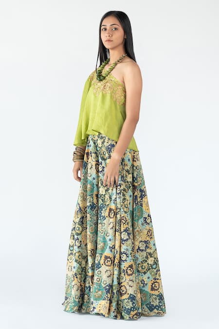 Shop_Nikita Vishakha_Green Printed And Raw Floral, Persian One Shoulder Top And Skirt Set_Online_at_Aza_Fashions