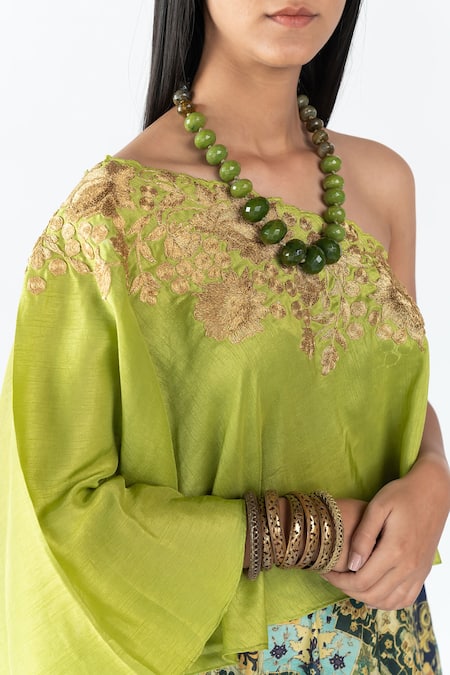 Nikita Vishakha_Green Printed And Raw Floral, Persian One Shoulder Top And Skirt Set_at_Aza_Fashions