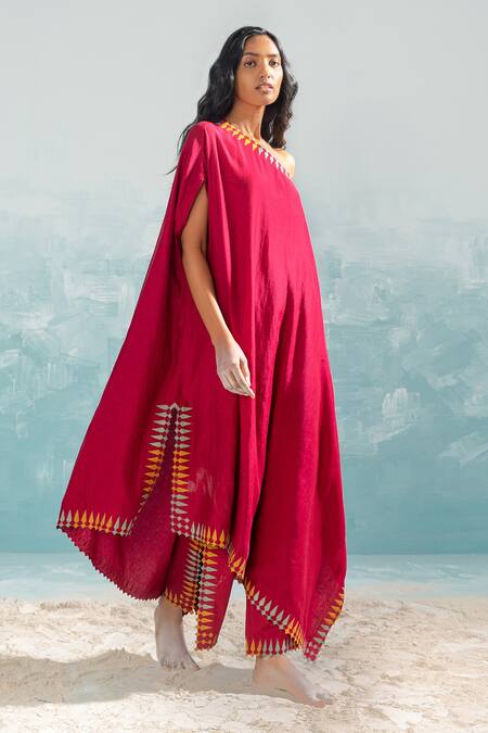 Buy_Ikai by Ragini Ahuja_Pink Cotton Silk Chanderi Applique One Shoulder Nile Tunic  _Online_at_Aza_Fashions
