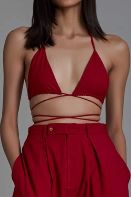 Mati - Red 100% Cotton Solid V Neck Overlap Bralette For Women