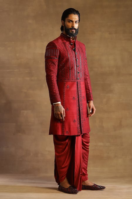 Buy_Raghavendra Rathore Jodhpur_Maroon Raw Silk Geometric Pattern Embroidered Achkan _Online_at_Aza_Fashions