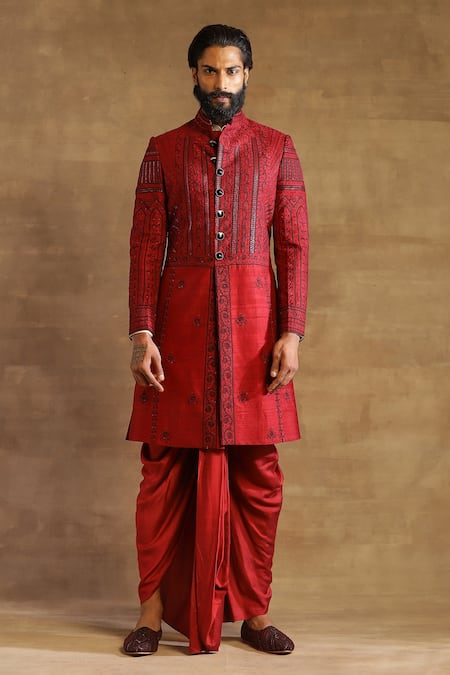 Shop_Raghavendra Rathore Jodhpur_Maroon Raw Silk Geometric Pattern Embroidered Achkan _Online_at_Aza_Fashions