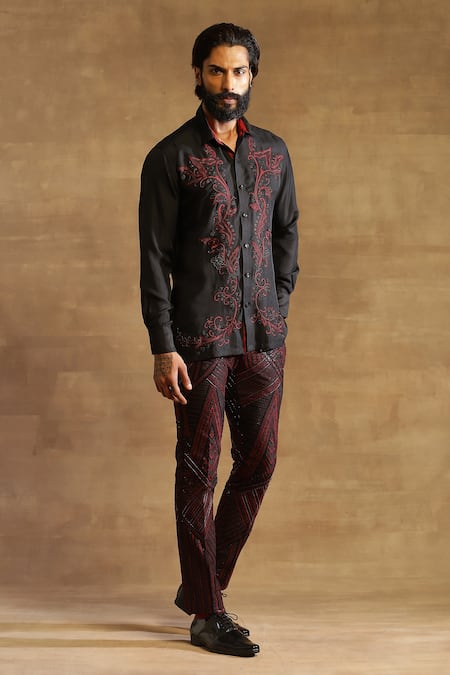 Raghavendra Rathore Jodhpur Black Silk Floral Pattern Floret Embroidered Shirt Online at Aza Fashions Raghavendra Rathore Jodhpur_Black Silk Floral Pattern Floret Embroidered Shirt_Online_at_Aza_Fashions