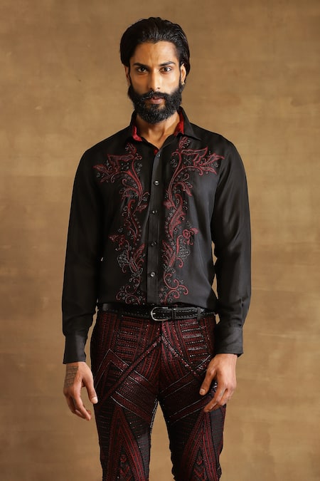 Shop Raghavendra Rathore Jodhpur Black Silk Floral Pattern Floret Embroidered Shirt Online at Aza Fashions Shop_Raghavendra Rathore Jodhpur_Black Silk Floral Pattern Floret Embroidered Shirt_Online_at_Aza_Fashions