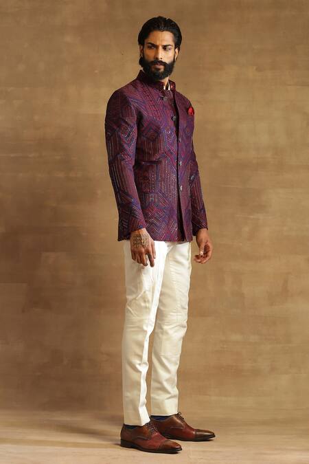 Raghavendra Rathore Jodhpur Purple Raw Silk Geometric Pattern Bandhgala Jacket Online at Aza Fashions Raghavendra Rathore Jodhpur_Purple Raw Silk Geometric Pattern Bandhgala Jacket _Online_at_Aza_Fashions