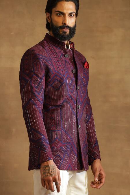 Buy Raghavendra Rathore Jodhpur Purple Raw Silk Geometric Pattern Bandhgala Jacket Online at Aza Fashions Buy_Raghavendra Rathore Jodhpur_Purple Raw Silk Geometric Pattern Bandhgala Jacket _Online_at_Aza_Fashions