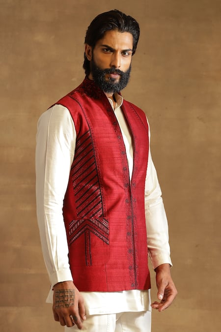 Raghavendra Rathore Jodhpur_Maroon Raw Silk Geometric Pattern Embroidered Bandhgala Waistcoat_Online_at_Aza_Fashions