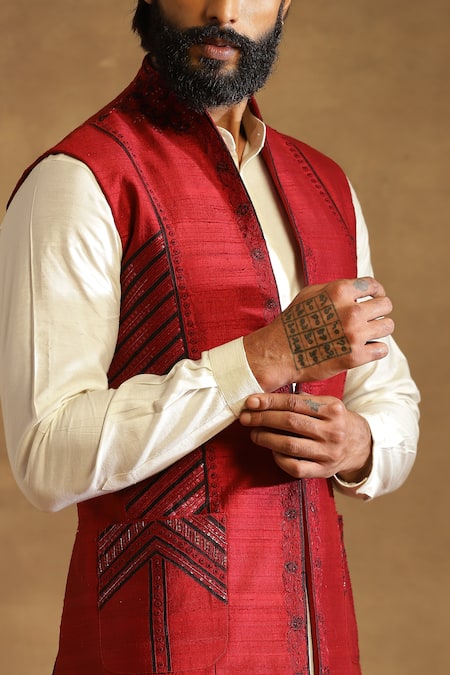 Buy_Raghavendra Rathore Jodhpur_Maroon Raw Silk Geometric Pattern Embroidered Bandhgala Waistcoat_Online_at_Aza_Fashions